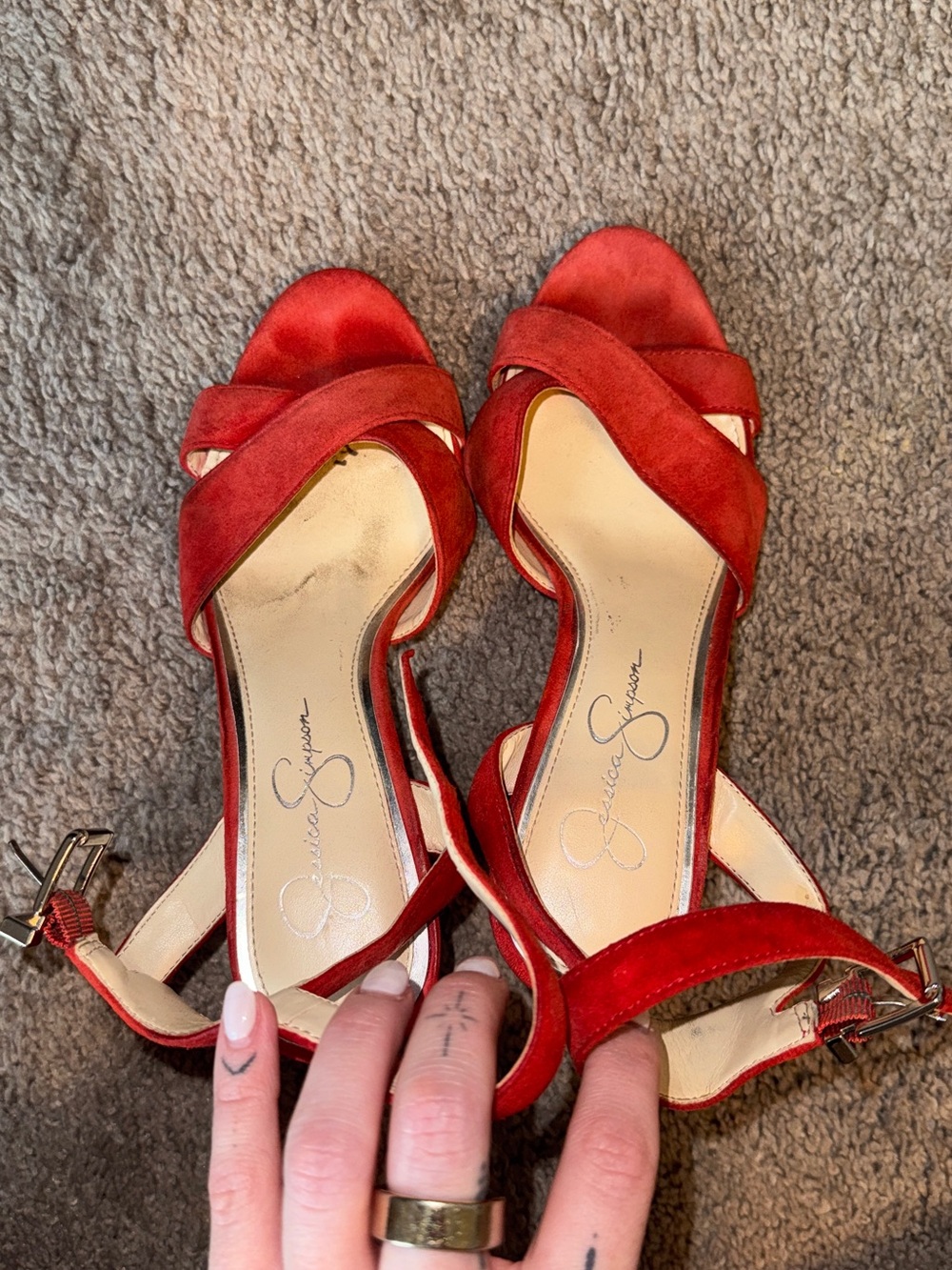Jessica Simpson Red Suede Crisscross Open-Toe Ankle Strap Heels